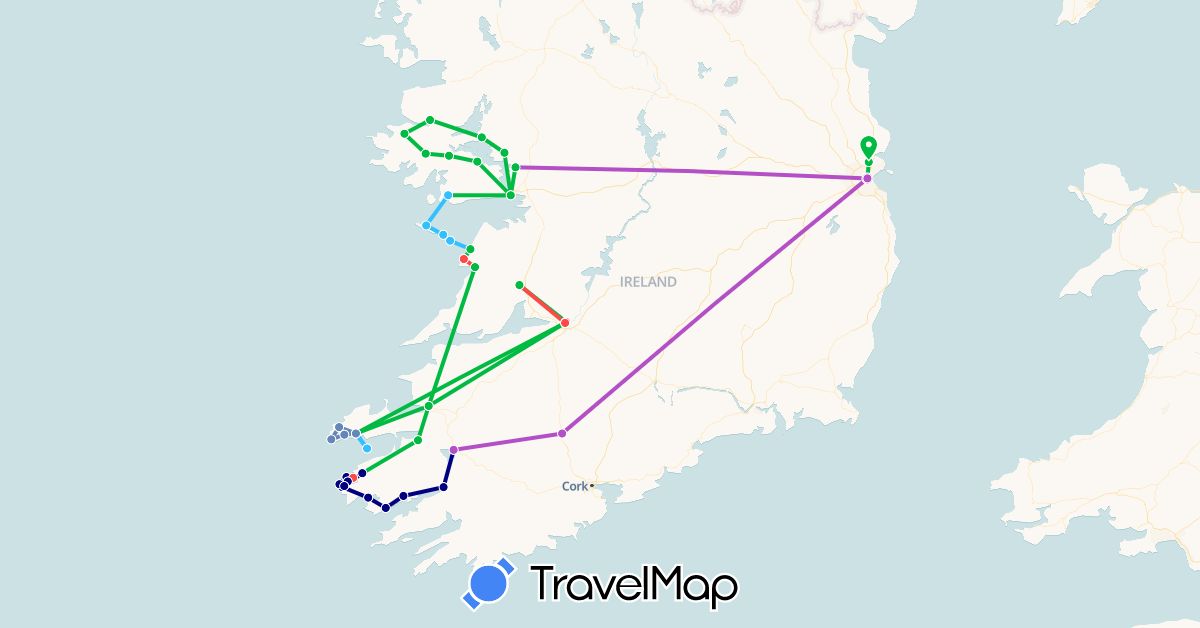 TravelMap itinerary: driving, bus, cycling, train, hiking, boat in Ireland (Europe)